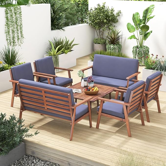 Tangkula 8 Piece Outdoor Conversation Set, Acacia Wood Sofa Set with Soft Seat & Back Cushions, Rectangle Coffee Table Patio Wood Furniture Set for Backyard, Poolside, Garden (2, Gray)