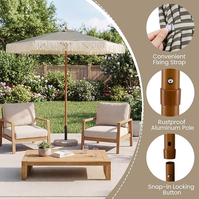 HAPPYGRILL 7 FT Patio Umbrella with Fringe, Outdoor Tassel Umbrella w/Sun-Protective Polyester Canopy, Wood-like Aluminum Pole, Air Vent, Boho Market Table Umbrella for Beach Backyard Poolside