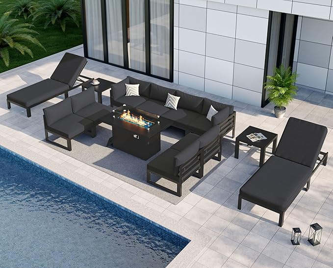 NICESOUL 13 Pcs Large Contemporary Aluminum Outdoor Furniture Set with Chaise Lounge & Fire Pit Table, 29" Deep Wide Couch Set, 500 lbs Heavy Duty Comfy Patio Sectional Sofa for Poolside, Dark Gray