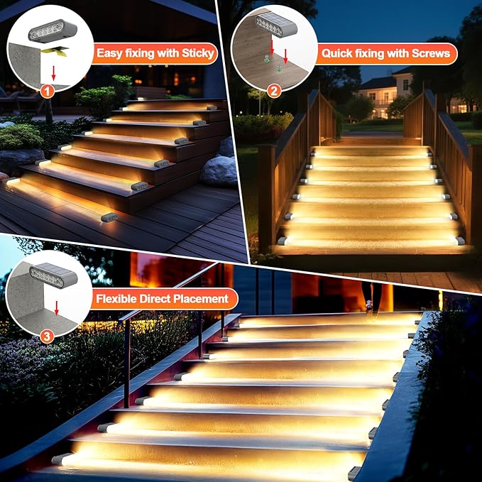 Solar Step Lights for Outside, 6-Pack Stair Light Outdoor Waterproof IP67, 14 LED Warm White Light Solar Powered Lighting for Steps, Stairs, Deck，Patio, Walkway, Front Porch Decor