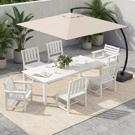 HDPE Outdoor Dining Set for 6, 7-Piece Outdoor Dining Table Set with 11FT Cantilever Umbrella, Patio Table and Chairs Set with Aluminum Frame & Legs(White)