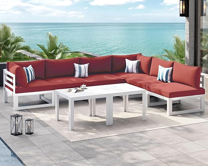 NICESOUL 6 Person Modern Aluminum Outdoor Patio Furniture Set, 29" Wide Deep Seating, Fade & Water Resistant L Shaped Modular Sectional Couch, Large Comfy Conversation Set for Backyard Terrace, Red