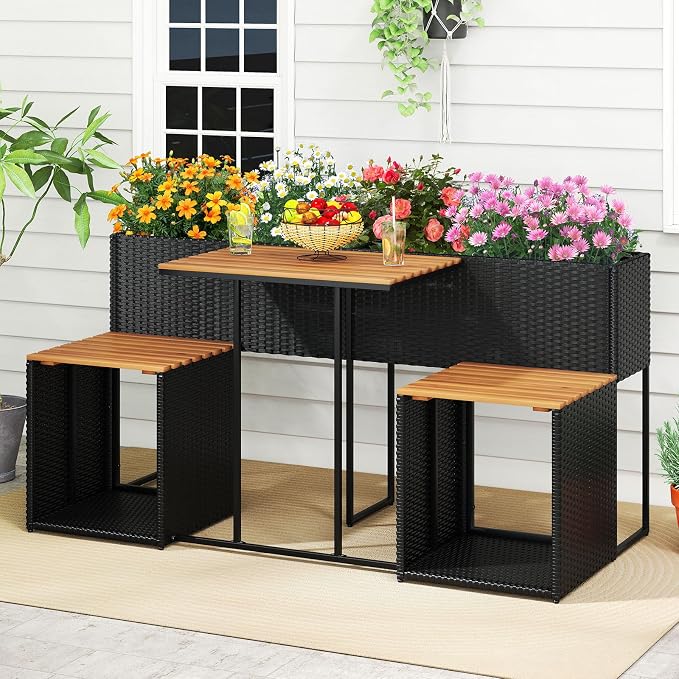 HAPPYGRILL Patio Furniture Set with Raised Garden Bed, Rattan Table Chairs Set with Storage, Acacia Wood Outdoor Seating and Flower Box Set for Backyard, Porch, Deck