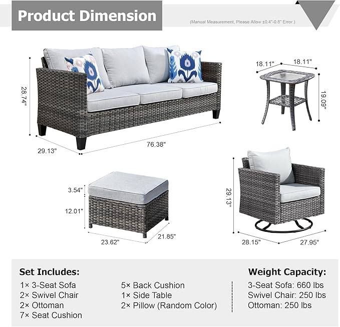 HOOOWOOO Wicker Patio Conversation Sets,6 Piece Outdoor Furniture Set with Swivel Rocking Chairs,All Weather Resistant Modern Outside Out Door Rattan Couch Chairs Side Table Set,Light Gray