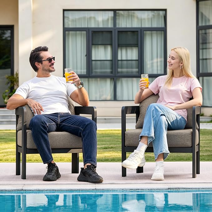Outdoor Furniture Set, 2Pcs Patio Armchairs, Metal Modern Outside Furniture with 6'' Thick Cushions, Outdoor Conversation Set Balcony Chairs for Backyard, Porch,Deck, Black&Coffee