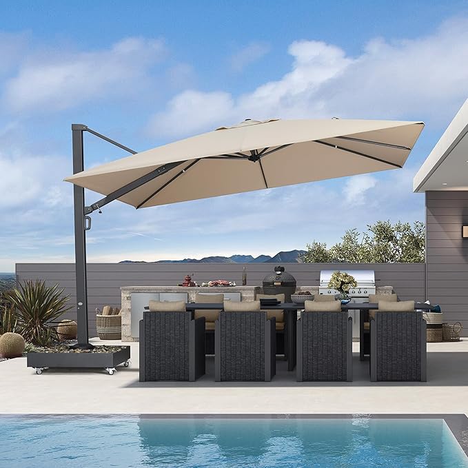 PURPLE LEAF 12' X 9' Space Saving Rectangle Outdoor Patio Umbrella with Base Included Large Patio Aluminum Offset with 360-degree Rotation Cantilever Umbrella for Garden Deck Pool Backyard Beige