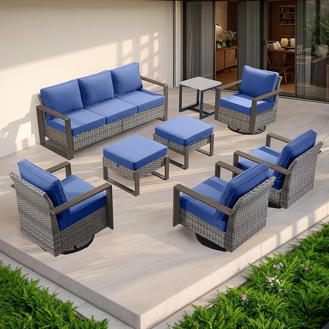 Rilyson Outdoor Couch Wicker Patio Sofa, Rattan Patio Furniture Sofa with Sturdy Frame,All-Weather PE Wicker,Wide Armrest,Deep Seating and Thick Cushions for Deck Porch Garden(Mixed Grey/Blue)