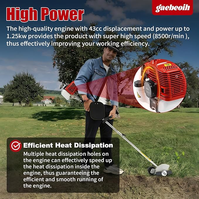 43cc Gas Weed Wacker, 2-Stroke String Trimmer/Edger Single Cylinder Air Cooled Engine Multi Purpose Gas Powered Weed Trimmer with Straight Shaft Lawnmower Strings for Home Lawn Orchard Tea Garden