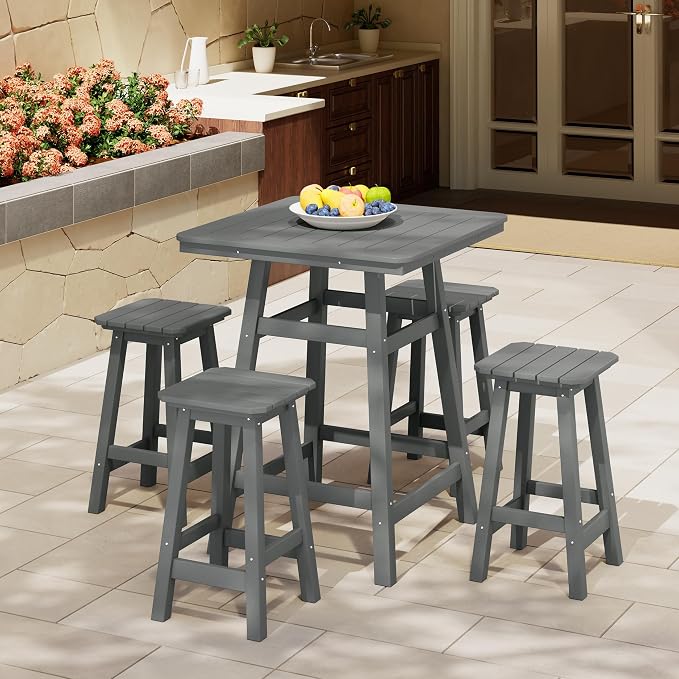 Costaelm Outdoor Bar Table, 37" Counter Height Square Patio Cocktail Bar Table with Umbrella Hole, Patio Bistro Dining Pub Table for Front Porch Deck Backyard Garden, Gray