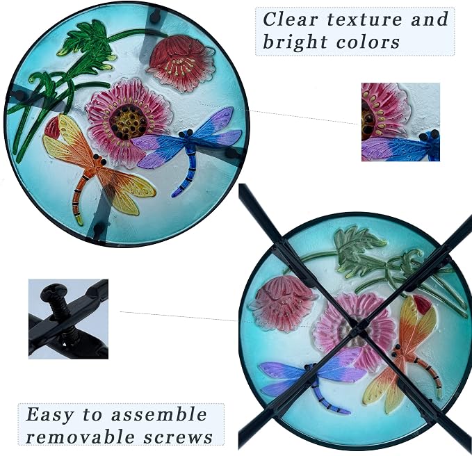 12 Inch Round Dragonfly Glass Side Table, Patio Small Table, Outdoor Side Table, Outdoor Bar Table, Metal Glass End Table for Porch Garden Patio Pool Living Room