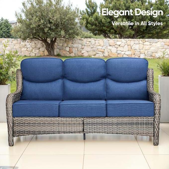 Swivel Patio Chairs sofa Set of 6 with 6" Thick Cushion - Wicker Outdoor Swivel Rocker Patio Chair ,Sofa/Glass coffee table, High Back Comfortable Outdoor Glider Chairs - Gery Wicker Blue Cushions