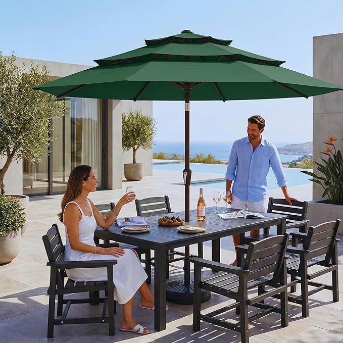 10ft 3 Tier Patio Umbrella, Outdoor Market Table Umbrella with UPF 50+ Vented Canopy, 8 Sturdy Ribs, Easy Push Button Tilt and Crank, Windproof for Deck, Pool, Backyard and Garden