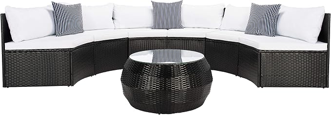 SAFAVIEH Outdoor - Jesvita 4-Piece Conversation Set - Black & White - Faux Wicker & Steel Frame - Demilune Sectional with Accent Table - Ideal for Patio, Deck, Porch, Backyard (PAT7701A)