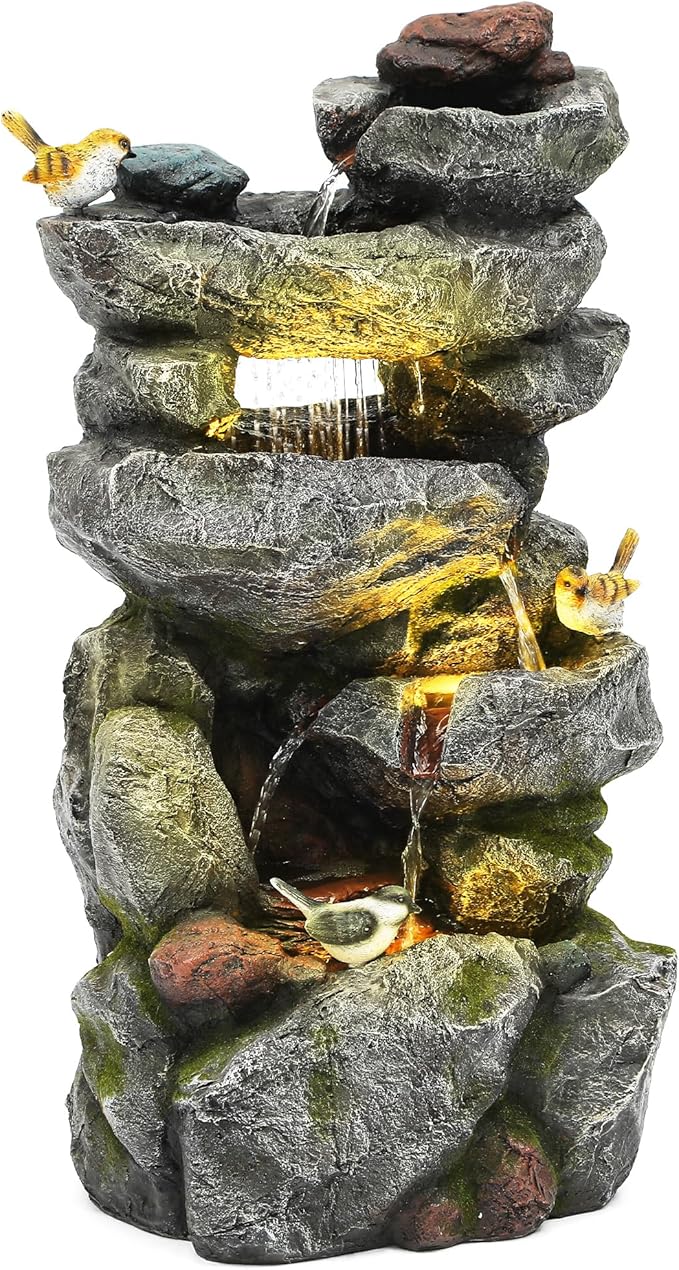 31.5" Multi-Tier Rock Outdoor Water Fountain with LED Lights, Cascading Waterfall with Birds for Garden Patio Porch, Weather-Resistant Resin Water Feature for Tranquil Oasis