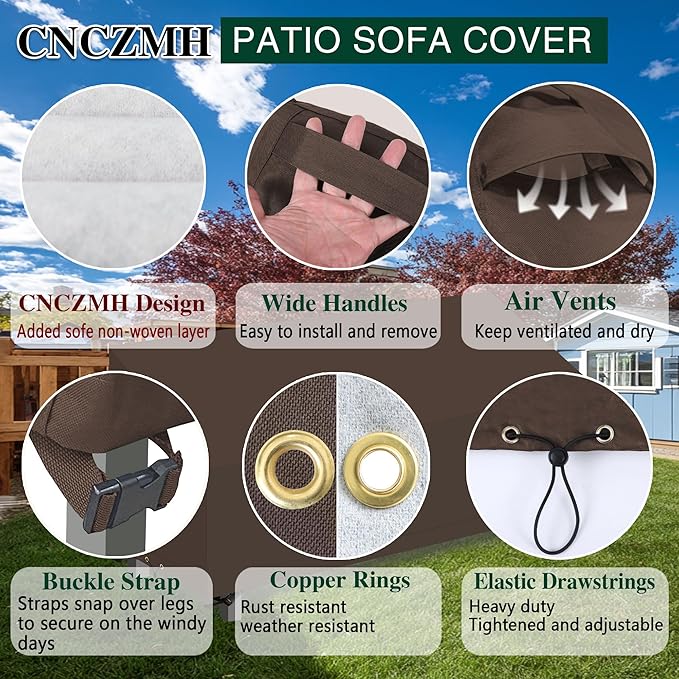 Heavy Duty Patio Sofa Covers Waterproof, Outdoor 3-Seater Couch Cover Waterproof, 600D Outdoor 2-Seater Loveseat Furniture Covers with Air Vent Handle 93''W x 40''D x 24''H/ 35''H Brown