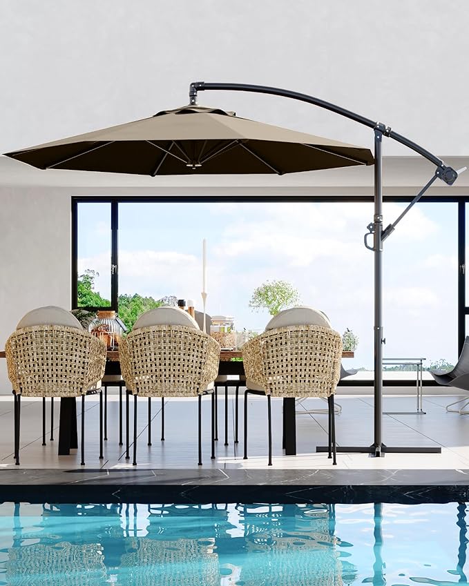 15FT Rectangular Patio Umbrella With Solar Lights & Base Included - Large Patio Umbrella With Crank Handle, UV Protection for Outdoor Market, Lawn, Backyard, Pool