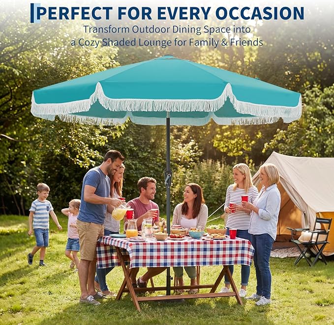 Garvee 10FT Fringe Patio Umbrella with Crank Handle,Push Button Tilt for Sun Shade,8 Fiberglass Ribs, 1.5"D Premium Steel Pole,Outdoor Large Tassel Umbrella for Patio Beach Pool Backyard,10' Lake Blue