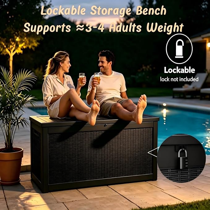 320 Gallon Professional Waterproof Pool Storage Bin, Lockable Outdoor Storage Box with Sturdy Resin, Deck Box for Patio Seat Cushions, Garden Tools, Black