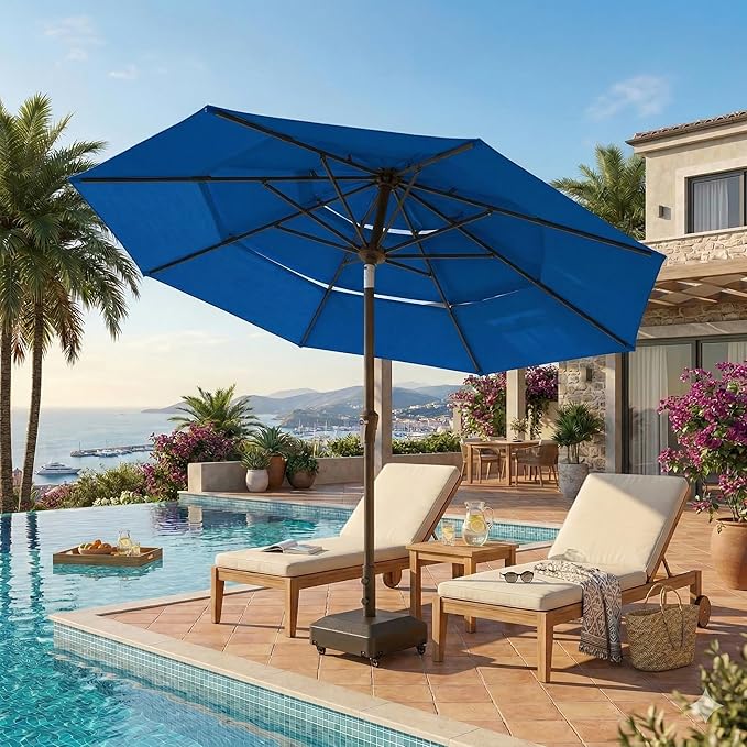 10ft Patio Umbrella, 3 Tier Outdoor Market Table Umbrellas with 8 Fiberglass Ribs and Push Button Tilt, Windproof, Vented Canopy, UV Protection for Deck, Pool, Backyard