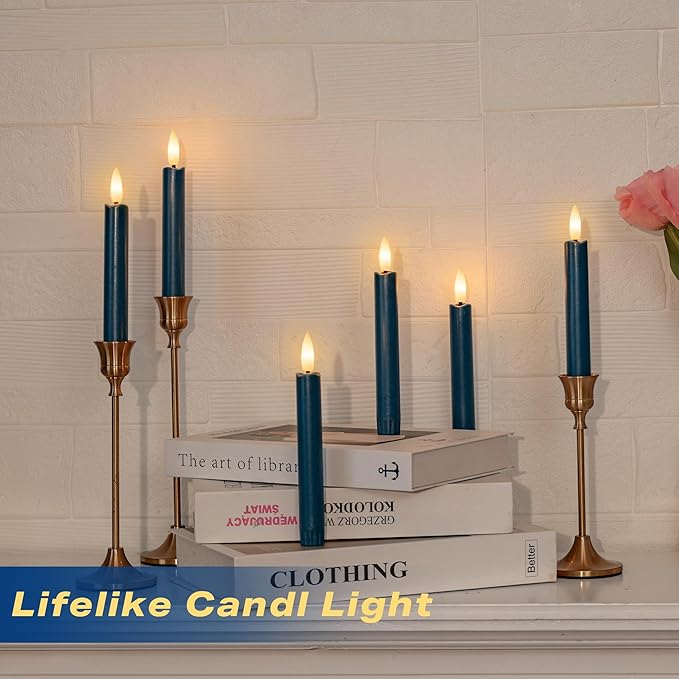 Blue Flameless Taper Candles with Remote, Short Battery Operated LED Candles, 6.4inch Flickering Flameless Candlesticks for Table Centerpiece, Wedding, Mantel, Window Decor, Set of 6