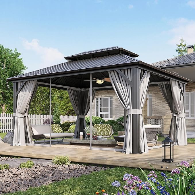 Aoxun 12’x16’ Hardtop Gazebo, Permanent Metal Pavilion with Galvanized Steel Double Roof, Outdoor Pergola with Nettings and Curtains for Lawn, Garden, Patio (Gray)