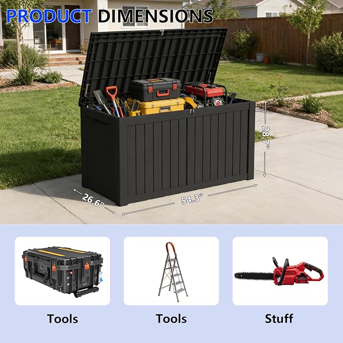 150 Gallon Outdoor Storage Box Resin Deck Box All Weather Waterproof Large Lockable Storage Container Deck Box for Patio Furniture, Garden Tools, Lockable, Black