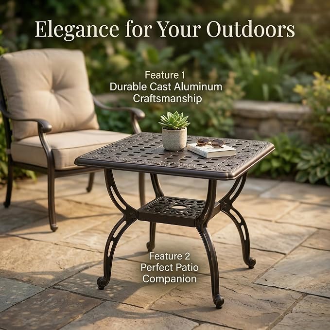Square Outdoor Coffee Table, Cast Aluminum Side Table with Storage,Indoor End Table, All-Weather Bistro Table for Patio Garden Lawn,Black