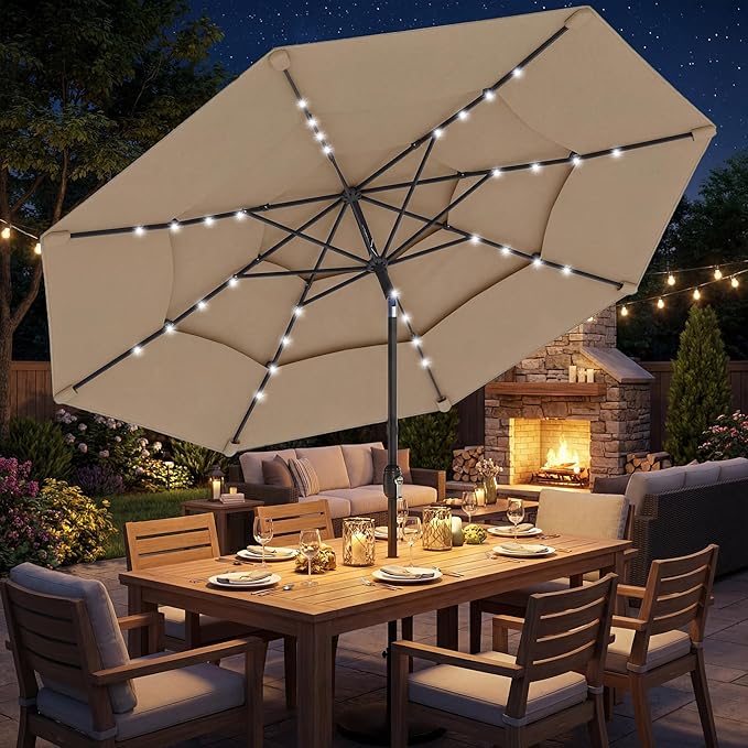 Outsunny 9.7 ft Outdoor Patio Umbrella with 32 Solar LED Lights, 3 Tier Outdoor Table Market Umbrella with Tilt and Crank, 8 Ribs for Garden, Deck, Yard, Poolside