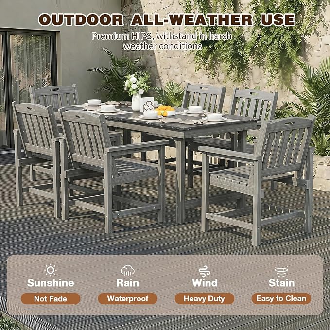 7-Piece HIPS Patio Dining Set, 66.9" W Marble Texture Outdoor Table with Umbrella Hole & 440LBS Capacity & Galvanized Steel Frame, 6 Chairs | 19.7" W, Dining Table Furniture Set for 6, Grey