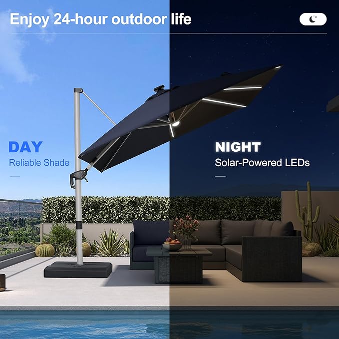 PURPLE LEAF 9 Feet Patio Umbrella with Lights Outdoor Square Cantilever Umbrella Solar Powered LED with 360-degree Rotation for Garden Deck Pool Patio, Navy