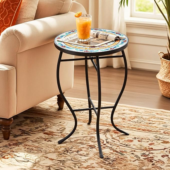 22" H Mosaic Side Table Outdoor, Patio Table Plant Stand, Iron Coffee End Table, Weather Resistant Tile Top Metal Drink Bar Table for Indoor Garden Balcony Yard Bistro