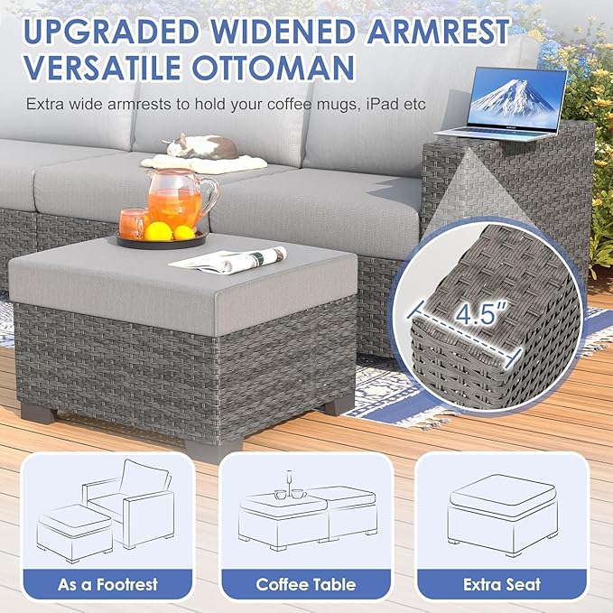ABCASA 9-Piece Patio Furniture Set with Fire Pit Table | Indoor Comfort for Outdoor Living | Weather-Resistant Wicker & Ultra-Thick Cushions | Grey Patio Conversation Set for Deck, Porch, Poolside