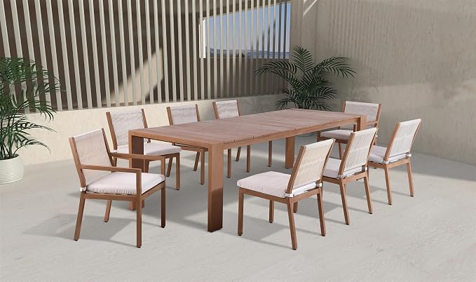 Meridian Furniture 362-T Maui Collection Modern | Contemporary Outdoor Patio Dining Table with Aluminum Frame in a Teak Wood Look, 108" W x 40" D x 30" H, Natural
