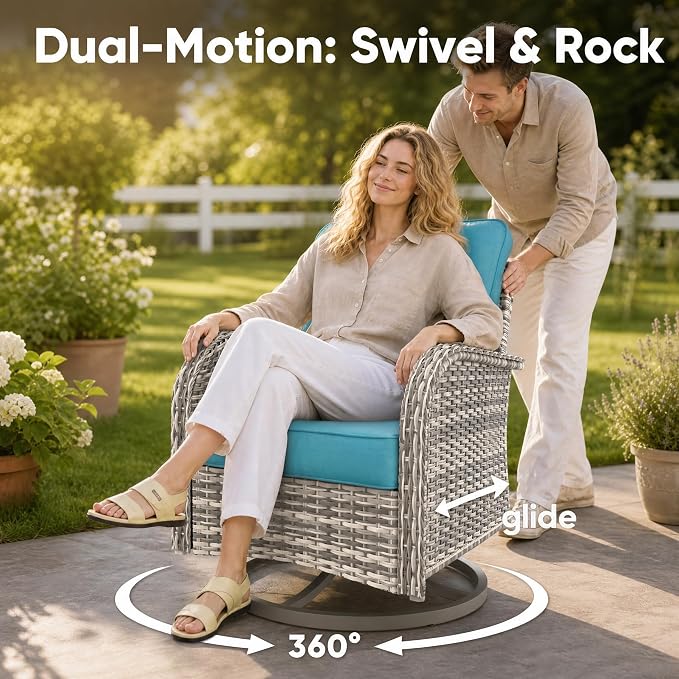 3-Piece Small Patio Furniture Set, Outdoor Swivel Rocking Chairs Set with Wicker Chairs and Tempered Glass Side Table, Outdoor Furniture Patio Bistro Set for Balcony, Deck, Porch