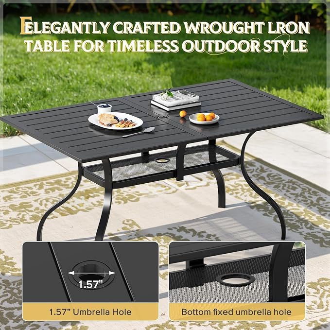 Crownland Outdoor Patio Dining Table, 60" x 37"Rectangle Metal Patio Table with 1.57" Umbrella Hole, Outdoor Furniture Dining Table for 6-8 Person, for Backyard, Garden, Classic Black