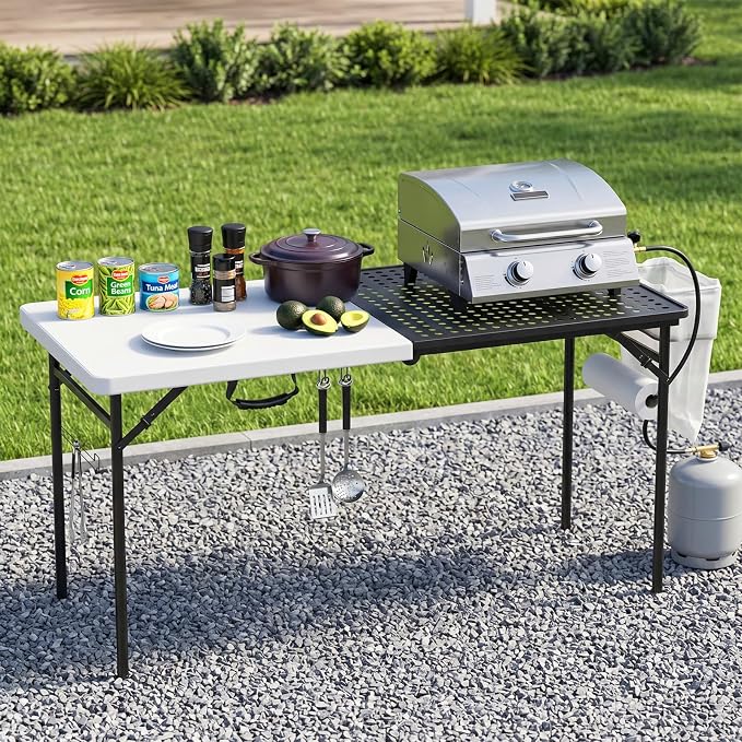 2 Pack 5ft Folding Table for Picnic Camping, Portable Outdoor Table with Metal Grid Grilling Surface, Heavy Duty Foldable Table for Cook Prep,Suitable for Camping, Backyard, Patio and Beach.