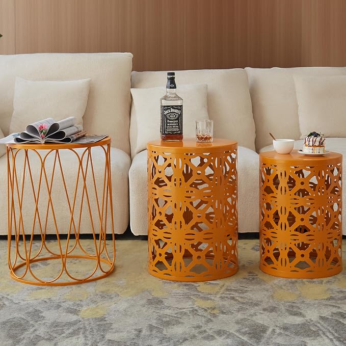 Y&M Outdoor Side Tables Set of 3, Metal Stacking Patio Side Tables for Outside, Round Indoor End Tables, Decorative Garden Stool Plant Stand for Patio Garden Balcony Porch, Orange