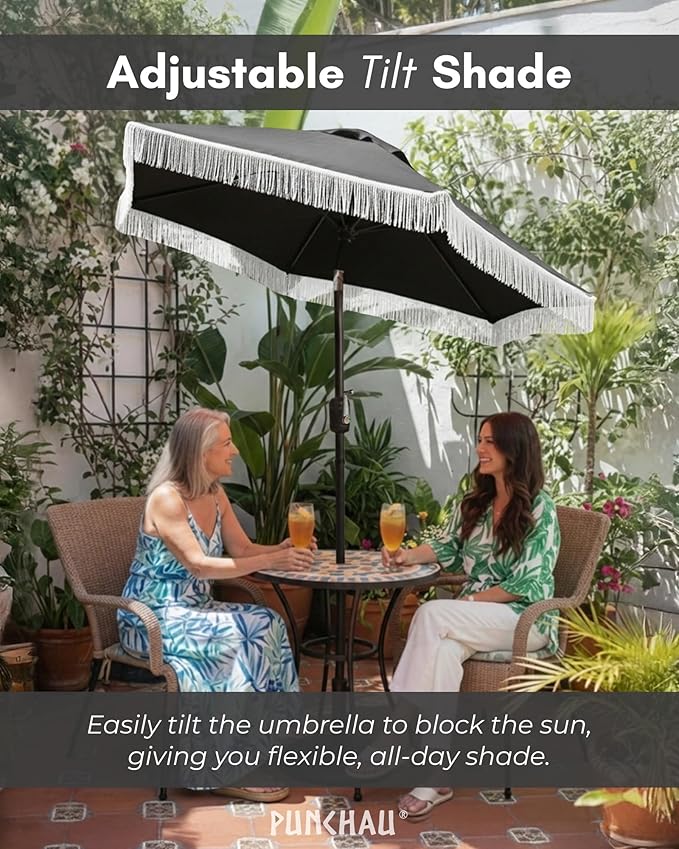 6 Ft Fringe Patio Umbrella - Outdoor Umbrella for Patio, Pool, Table, Garden, & Deck, Push Button Tilt Pole - Fashionable Vintage Tassels - White