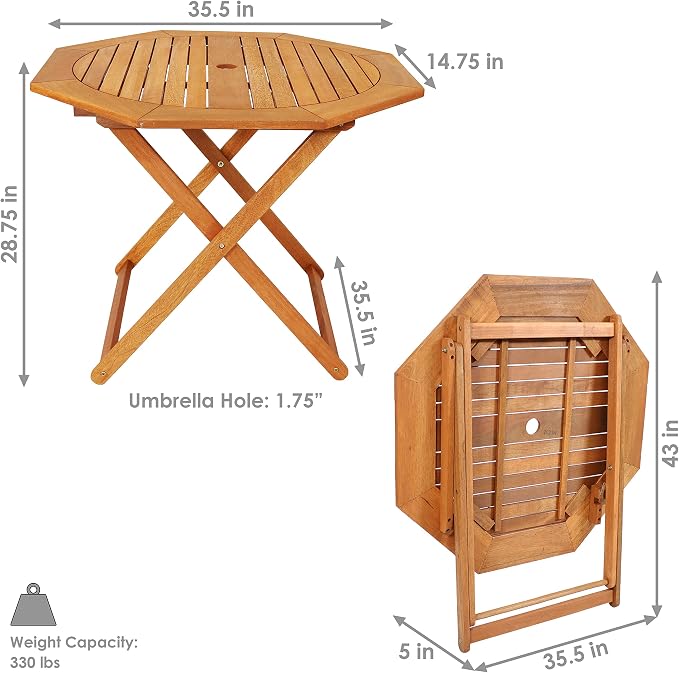 Sunnydaze Meranti Wood Folding Outdoor Table with Umbrella Hole - Foldable Patio Table for Dining & Gatherings - Teak Finish - Octagon