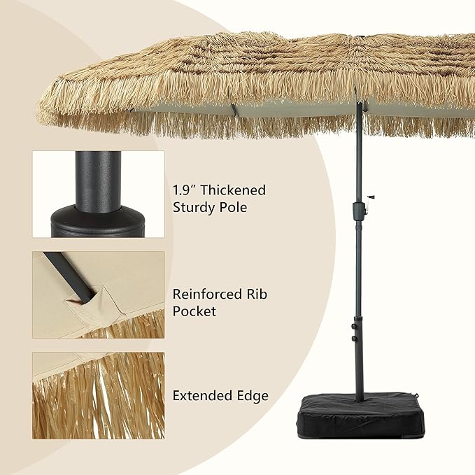 15 ft Patio Tiki Umbrella, Large Rectangle Outdoor Straw Umbrella with Matching Base for Market, Beach, Garden, Yard