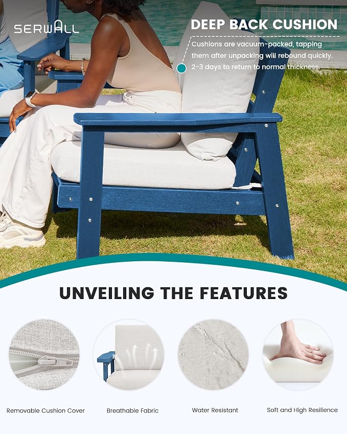 SERWALL HDPE Patio Furniture Set, 5 Piece All Weather Wood-Like Sectional Outdoor Furniture Set for Deck, Lawn, Blue Patio Sofa Couch with Khaki Cushions