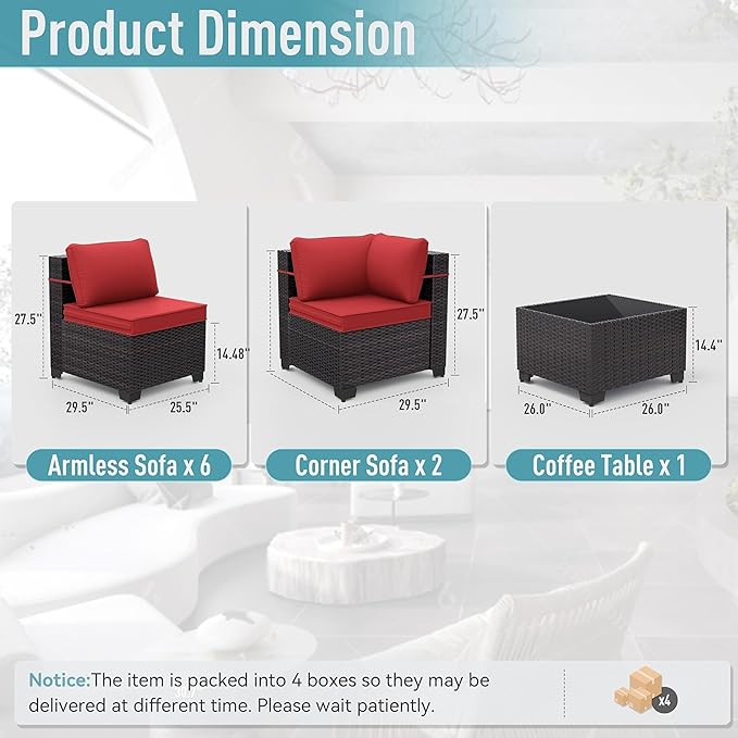 ALAULM 9 Pieces Patio Furniture Set Wicker Patio Conversation Set, Outdoor Sectional Furniture w/Coffee Table & Washable Seat Cushions-Red