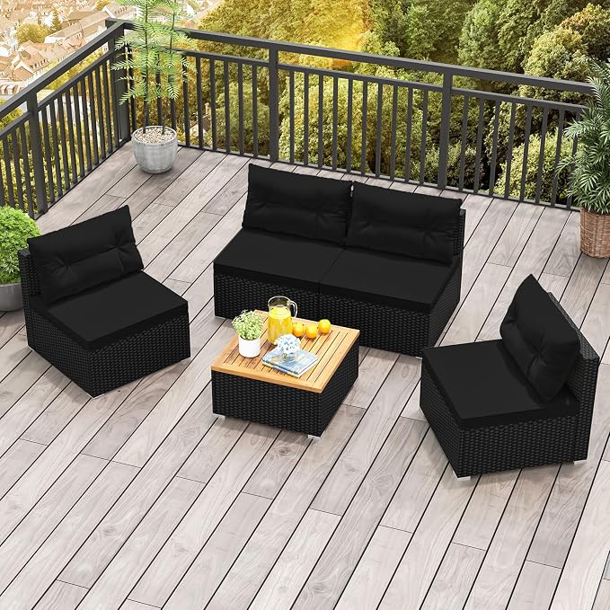 RELAX4LIFE 5-Piece Wicker Outdoor Furniture - PE Rattan Sectional Conversation Set w/4 Armless Sofas & Acacia Wood Coffee Table, Cushioned Patio Sofa Set for Garden Poolside Backyard Porch (Black)