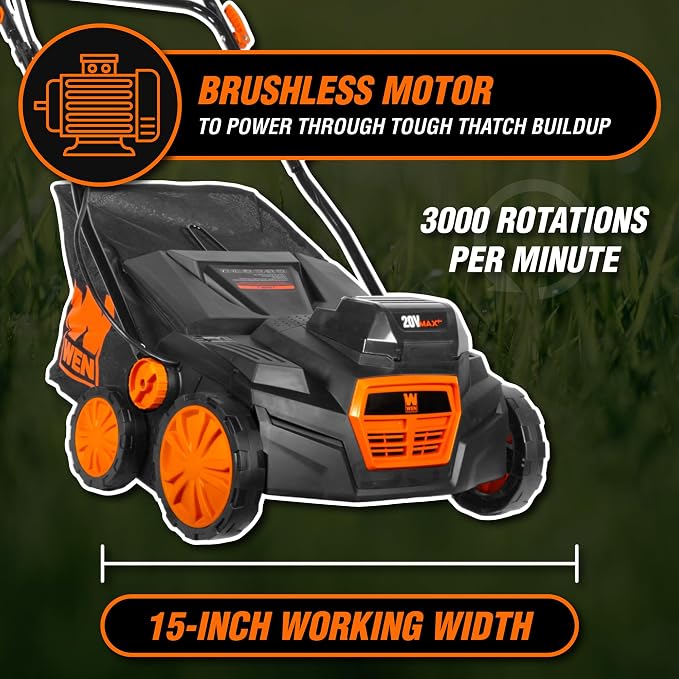WEN 20V Max Cordless 15-Inch 2-in-1 Brushless Electric Dethatcher and Scarifier with Collection Bag, Two 4.0 Ah Batteries, and Dual-Port Charger (20716)