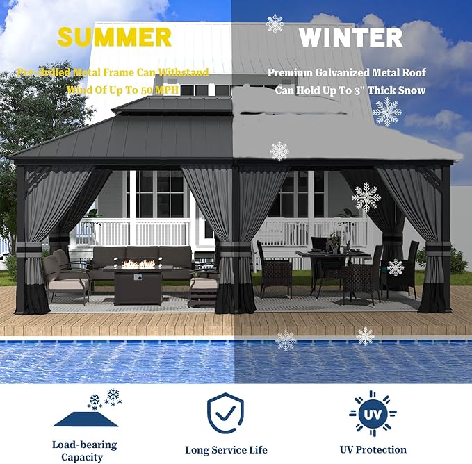 ALAULM 12'x20' Hardtop Gazebo, Outdoor Double Roof Canopy with Netting and Curtains, Galvanized Metal Frame, Sunshade for Patio, Backyard, Deck and Lawns-Gray