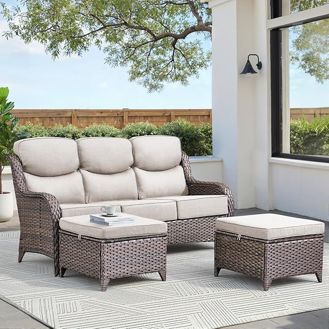 Luxury 3 Pieces Patio Furniture Sets-All Weather Wicker Rattan 3-Seat Sofa Set with Comfy 6" Cushion, Multifunctional Ottomans Patio Conversation Set for Deck Backyard Garden(Brown/Beige)