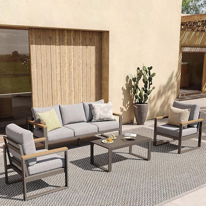 Sundale Outdoor Aluminum Patio Furniture Set, 4 Piece Outdoor Conversation Sets with Coffee Table and 6" Thick Olefin Cushions, All Weather Outdoor Sectional Set for Deck, Lawn, Yard (Grey)