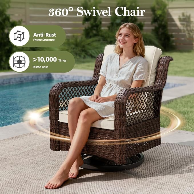 Outdoor Patio Furniture Set with Swivel Chairs and Ottoman, 6 Pieces All-Weather Wicker Patio Conversation Sets with Sofa and Coffee Table for Backyard, Porch, Balcony, Beige