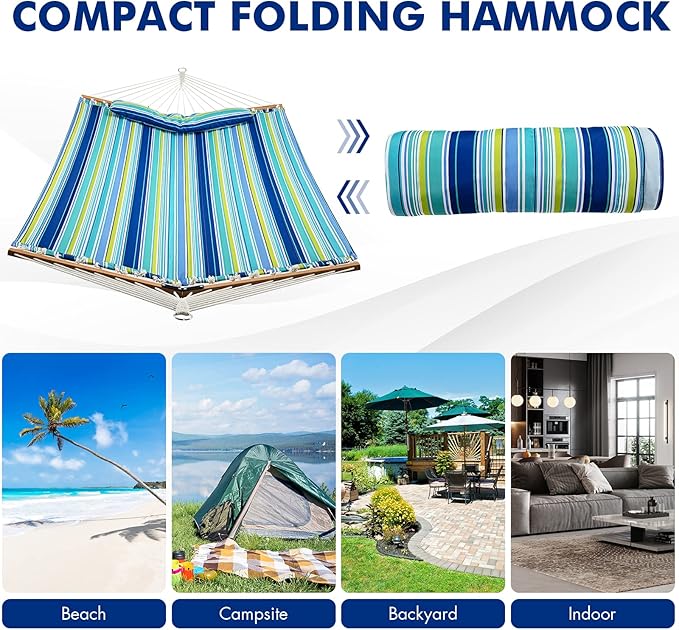 Goplus 10.5 FT Hammock, Quilted 2 Person Hammock w/Detachable Pillow, 330LBS Capacity, Curved Hardwood Spreader Bar,Quick Dry Fabric, Portable Paddled Hammock Swing for Patio Yard Porch Indoor Outdoor