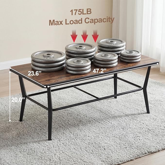 ALAULM Outdoor Coffee Table, 47" Rectangle Metal Patio Coffee Table with DPC Stone-Plastic Top, All-Weather Coffee Table for Patio, Garden, Balcony, Poolside